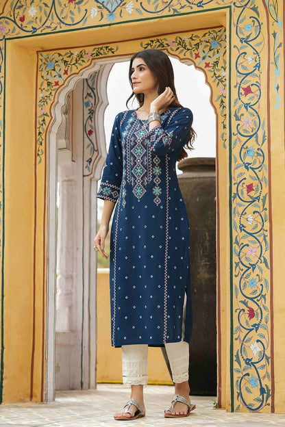 Blue Rayon Festive Printed Straight Kurta