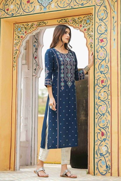 Blue Rayon Festive Printed Straight Kurta