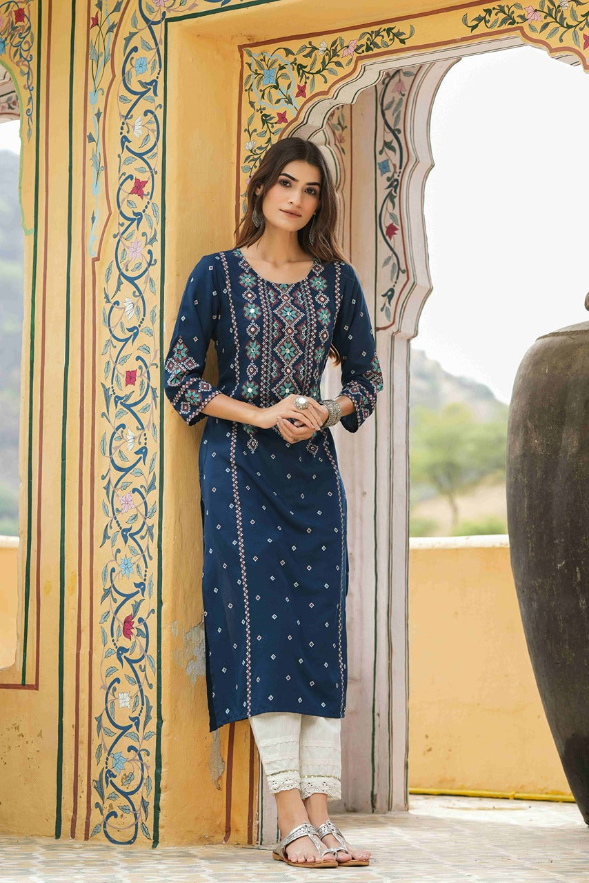 Blue Rayon Festive Printed Straight Kurta