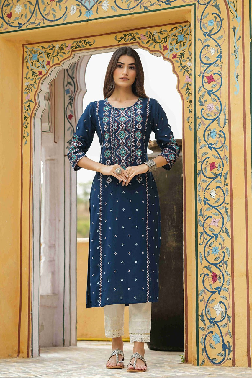 Blue Rayon Festive Printed Straight Kurta