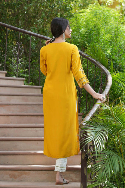 Mustard Rayon Festive Printed Straight Kurta