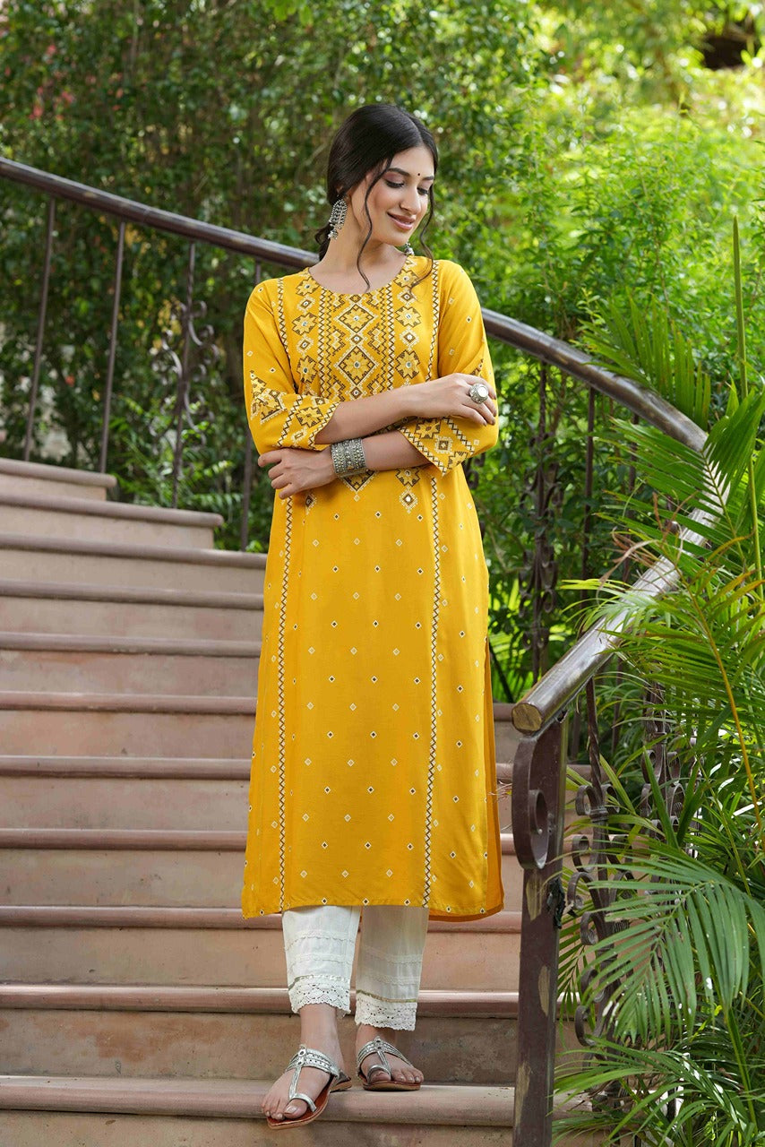 Mustard Rayon Festive Printed Straight Kurta