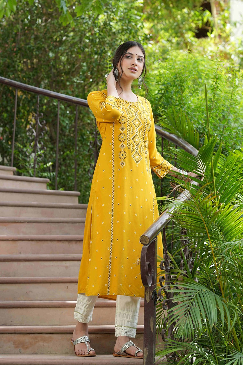 Mustard Rayon Festive Printed Straight Kurta