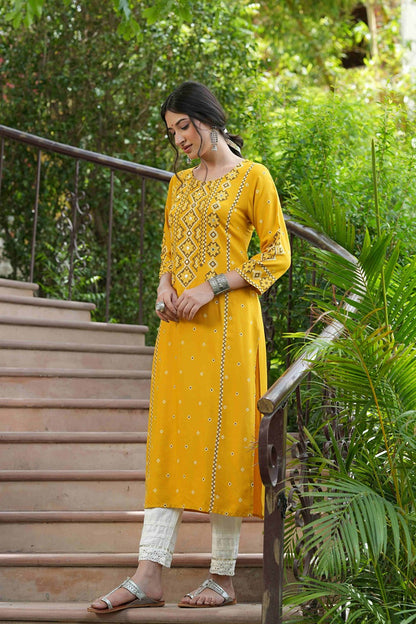 Mustard Rayon Festive Printed Straight Kurta