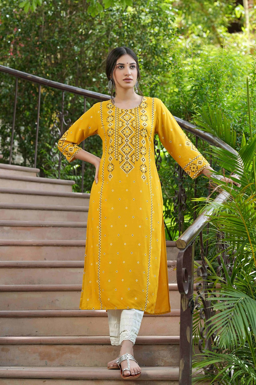 Mustard Rayon Festive Printed Straight Kurta