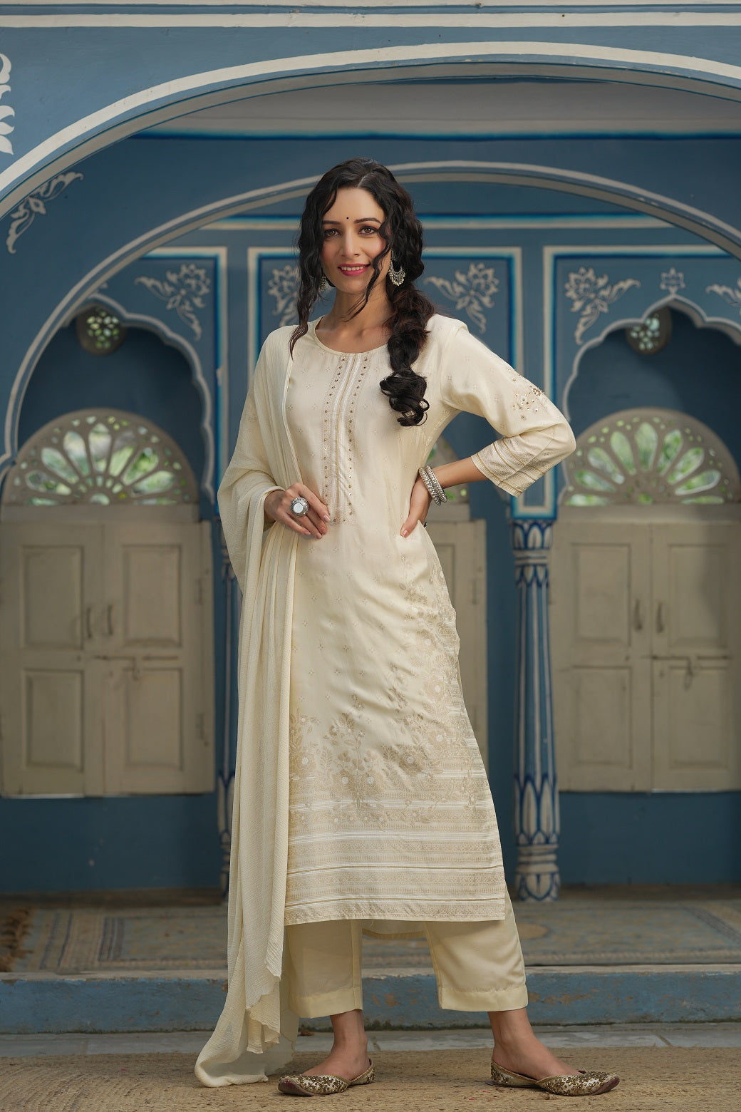Beige Shantoon Festive Printed Straight Skd