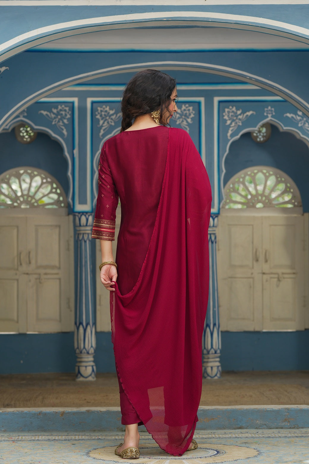 Maroon Shantoon Festive Printed Straight Skd