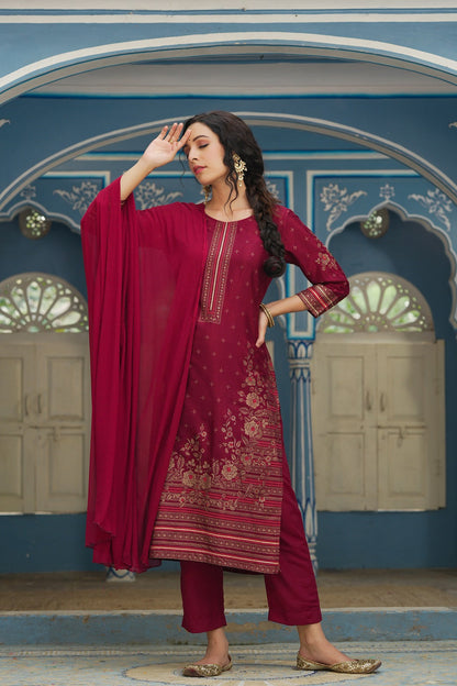 Maroon Shantoon Festive Printed Straight Skd