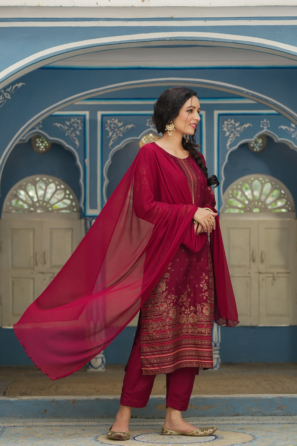 Maroon Shantoon Festive Printed Straight Skd