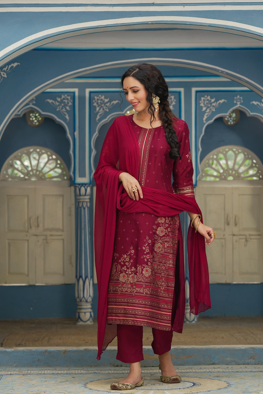 Maroon Shantoon Festive Printed Straight Skd
