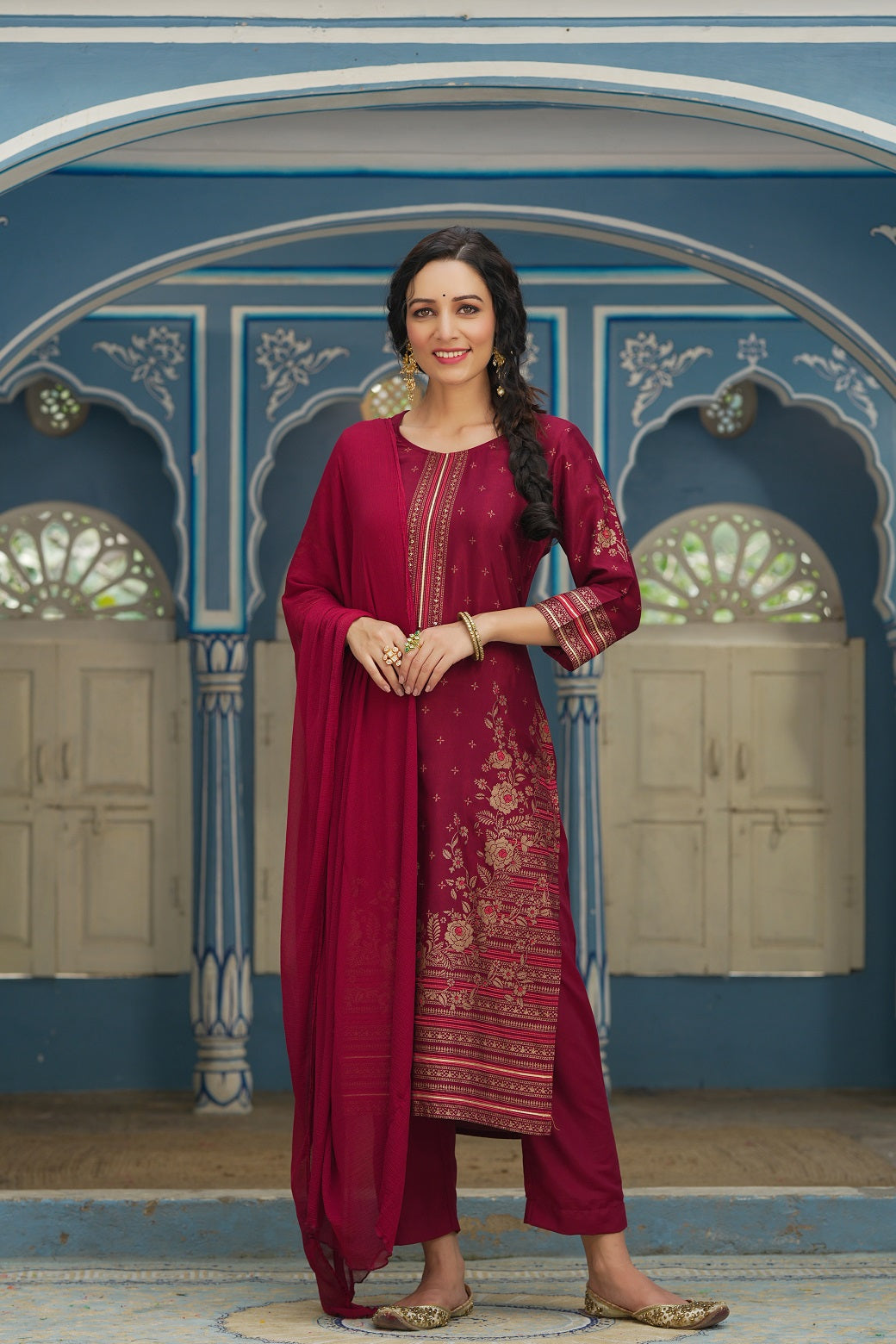 Maroon Shantoon Festive Printed Straight Skd