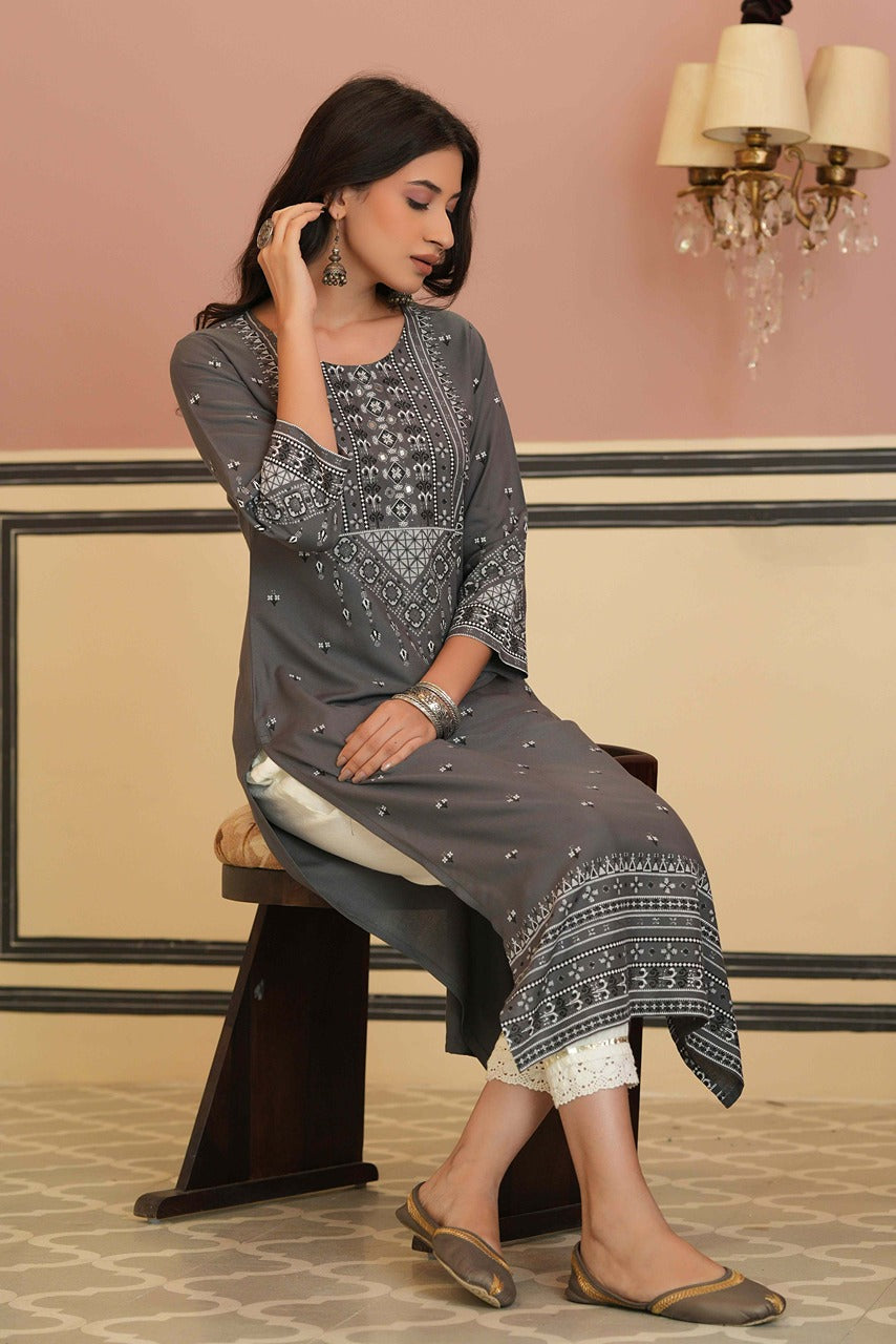 Grey Rayon Festive Embroidered Straight Kurta