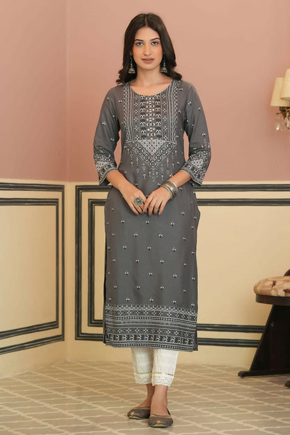 Grey Rayon Festive Embroidered Straight Kurta