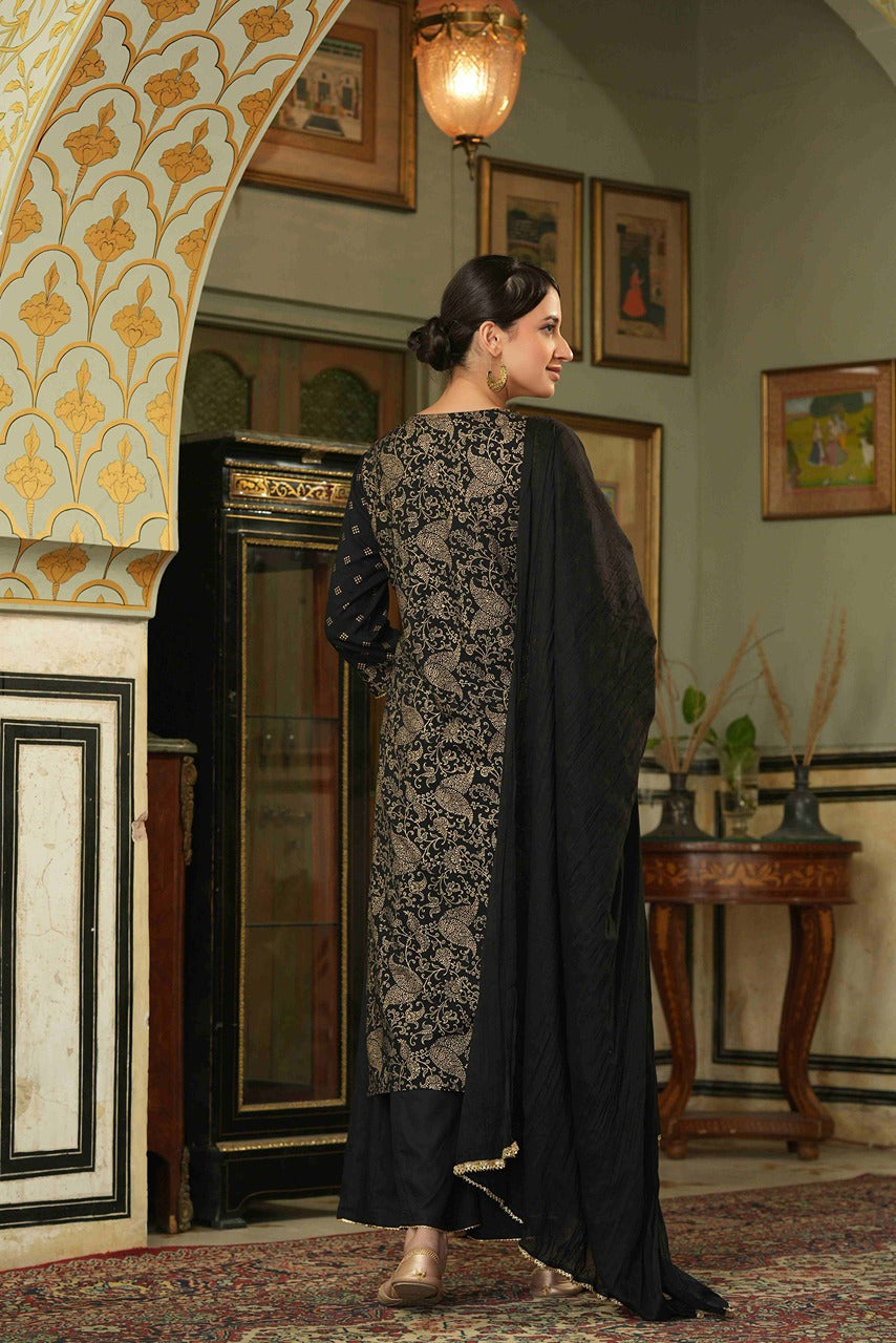 Black Rayon Festive Embroidered Straight Skd