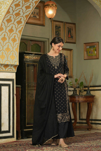 Black Rayon Festive Embroidered Straight Skd