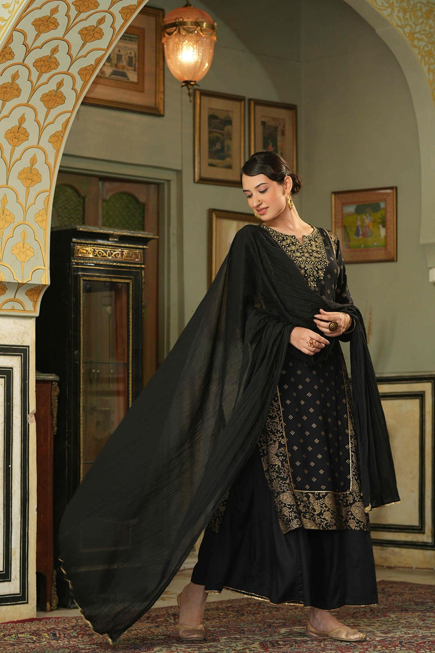 Black Rayon Festive Embroidered Straight Skd