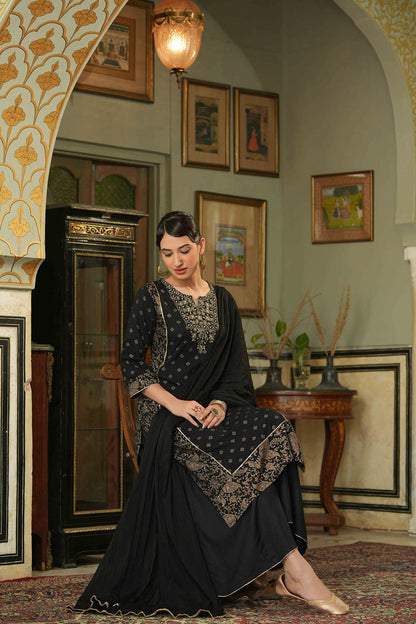 Black Rayon Festive Embroidered Straight Skd