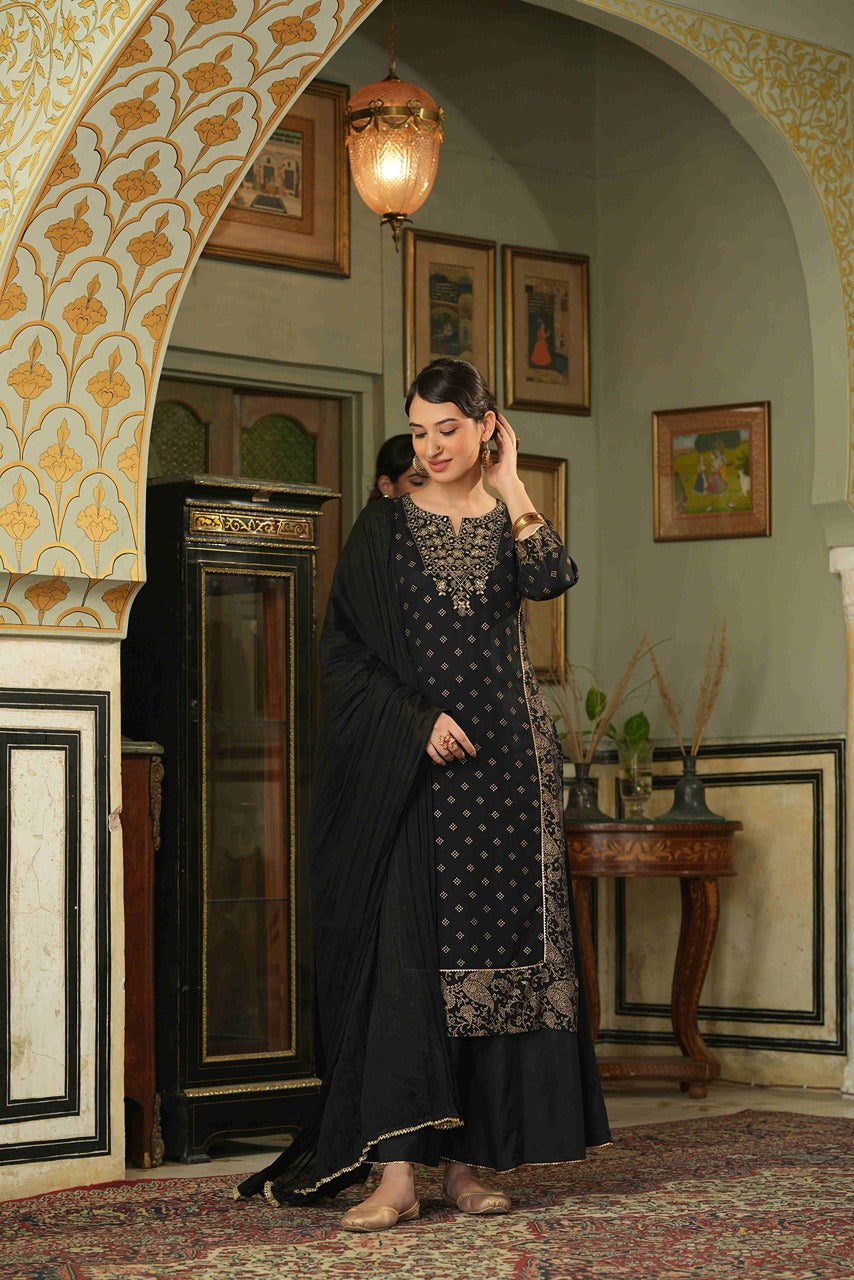 Black Rayon Festive Embroidered Straight Skd