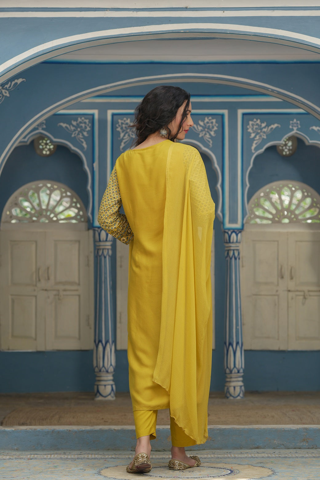 Mustard Rayon Festive Printed Straight Skd