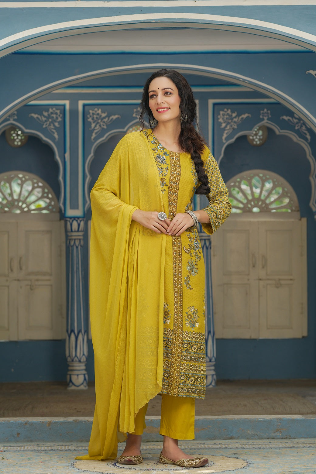 Mustard Rayon Festive Printed Straight Skd