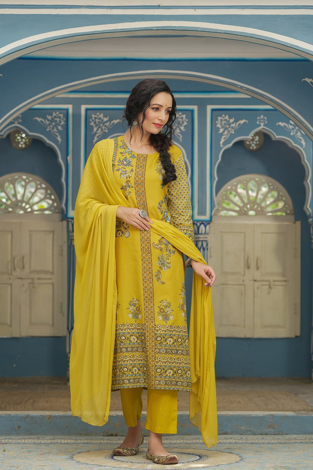 Mustard Rayon Festive Printed Straight Skd