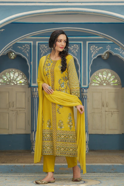 Mustard Rayon Festive Printed Straight Skd