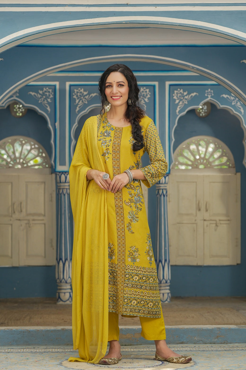 Mustard Rayon Festive Printed Straight Skd