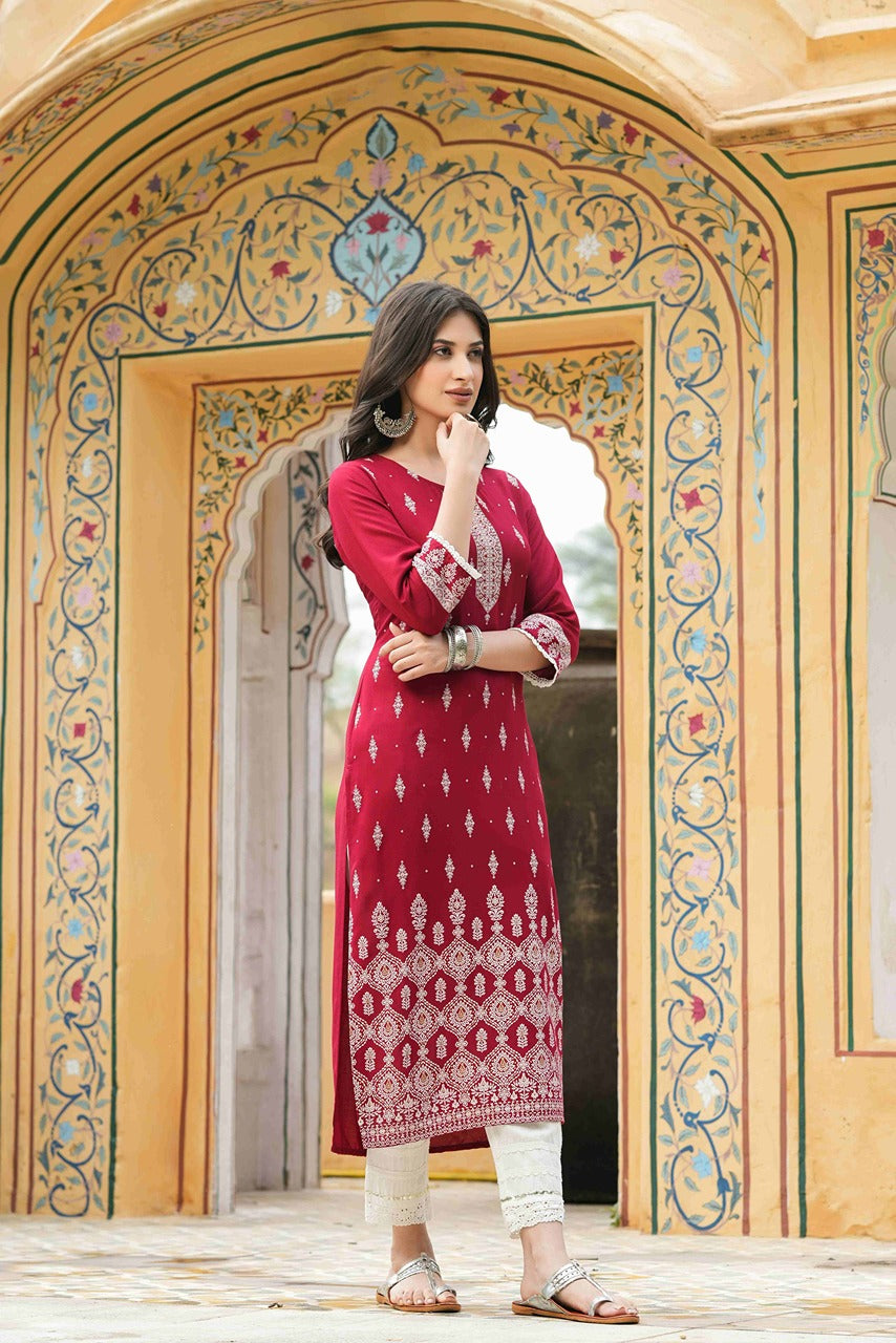 Maroon Rayon Festive Printed Straight Kurta