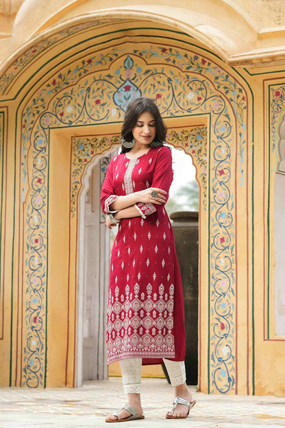 Maroon Rayon Festive Printed Straight Kurta