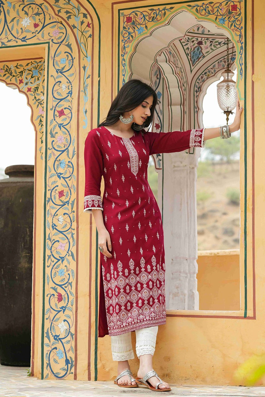 Maroon Rayon Festive Printed Straight Kurta