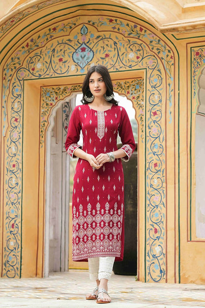 Maroon Rayon Festive Printed Straight Kurta