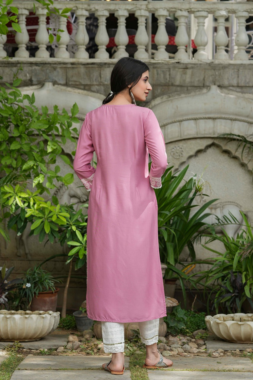 Onion Pink Rayon Festive Printed Straight Kurta