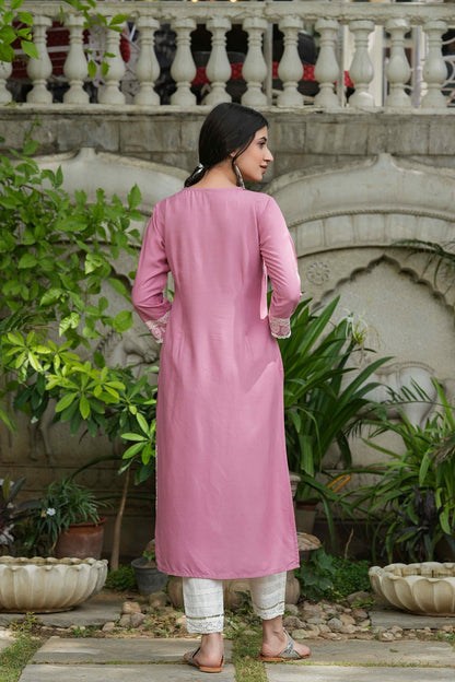 Onion Pink Rayon Festive Printed Straight Kurta