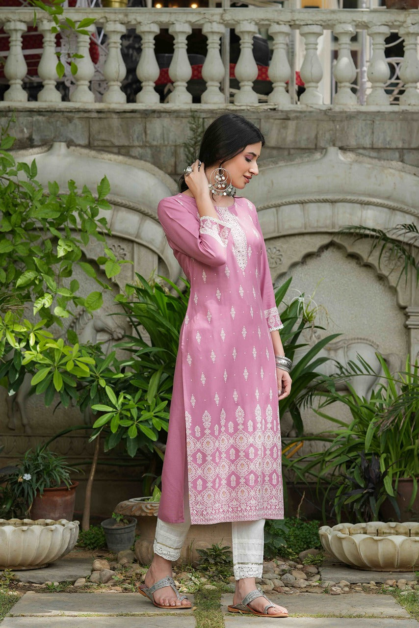 Onion Pink Rayon Festive Printed Straight Kurta