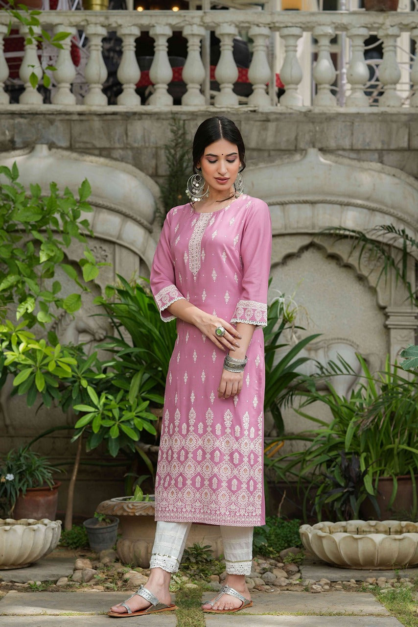 Onion Pink Rayon Festive Printed Straight Kurta