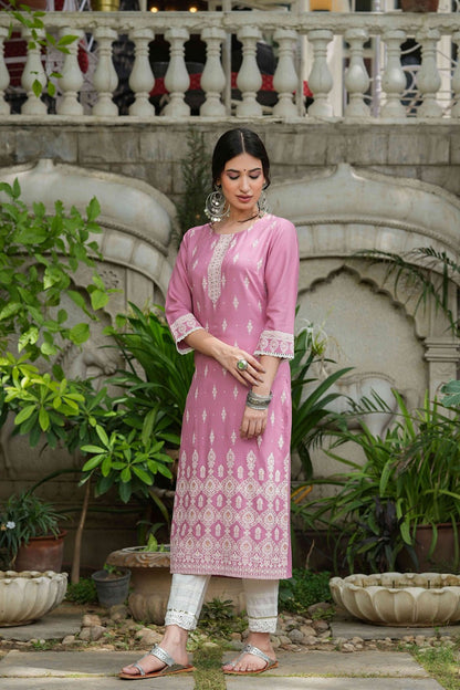 Onion Pink Rayon Festive Printed Straight Kurta
