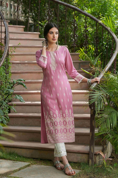 Onion Pink Rayon Festive Printed Straight Kurta