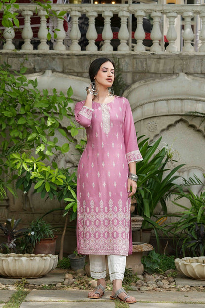 Onion Pink Rayon Festive Printed Straight Kurta
