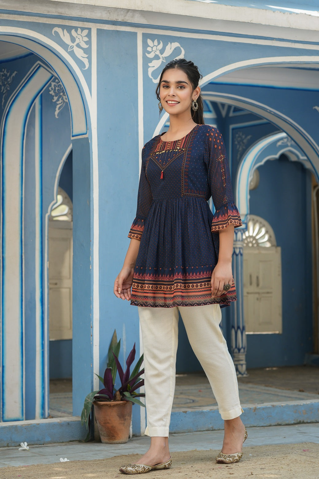 Indigo Georgette Festive Printed Flared Tunic