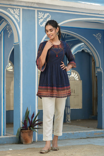 Indigo Georgette Festive Printed Flared Tunic