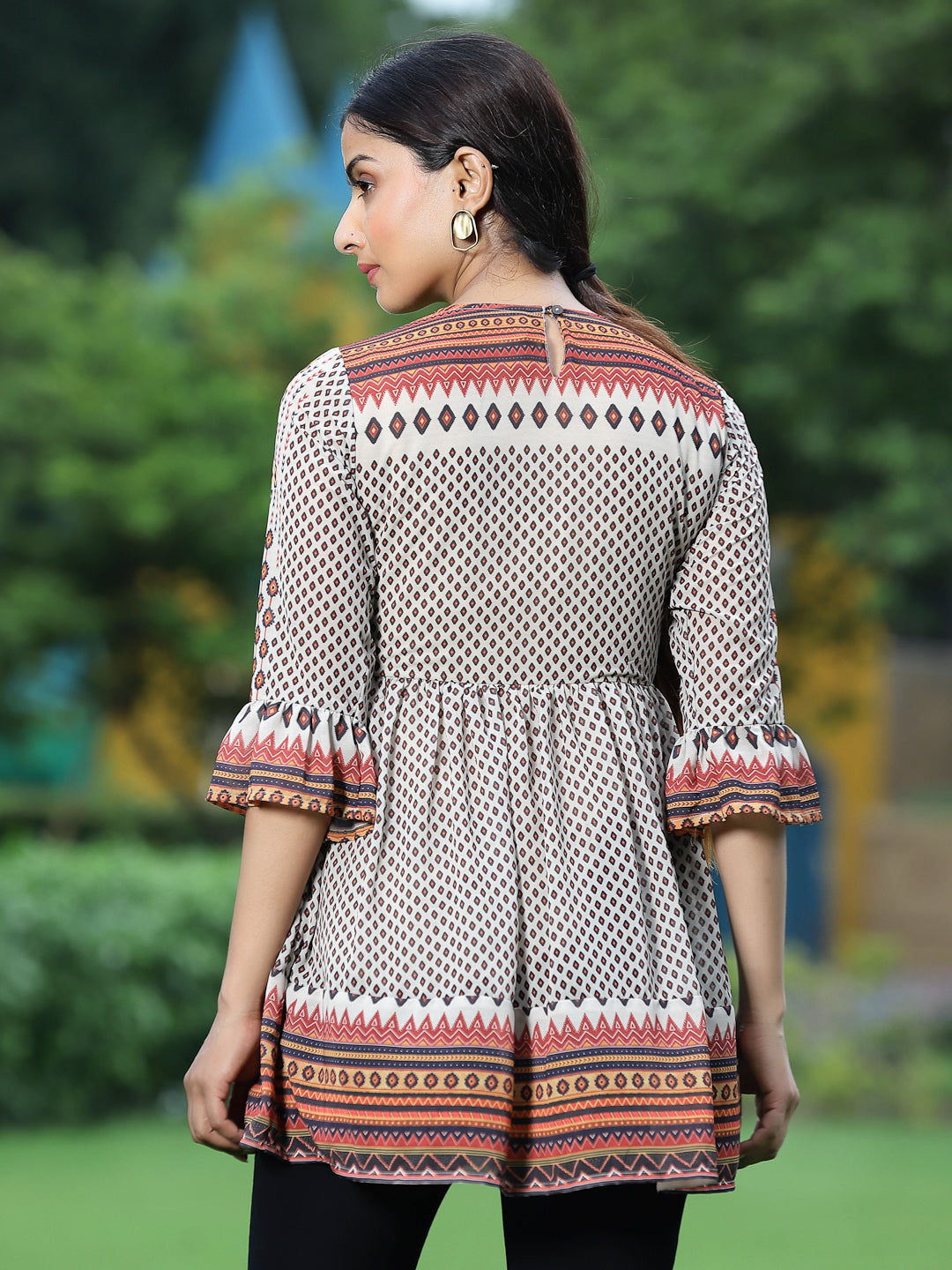 Off - White Georgette Festive Printed Flared Tunic