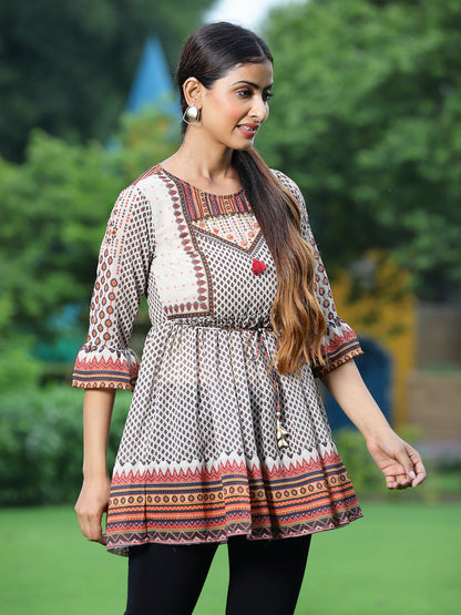 Off - White Georgette Festive Printed Flared Tunic