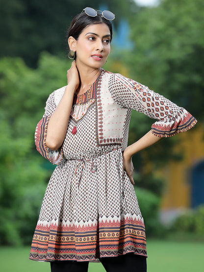 Off - White Georgette Festive Printed Flared Tunic