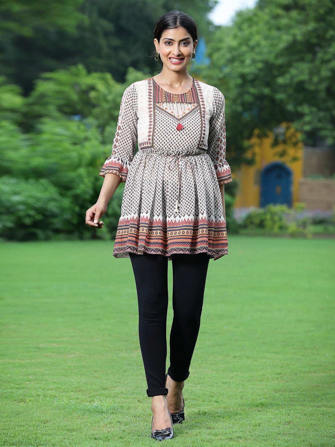 Off - White Georgette Festive Printed Flared Tunic