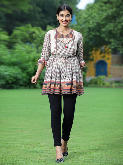 Off - White Georgette Festive Printed Flared Tunic