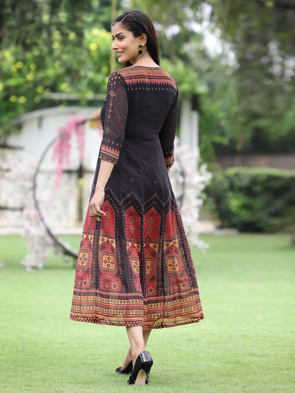 Black Georgette Festive Printed A-Line Dress