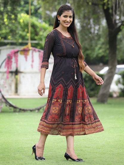 Black Georgette Festive Printed A-Line Dress