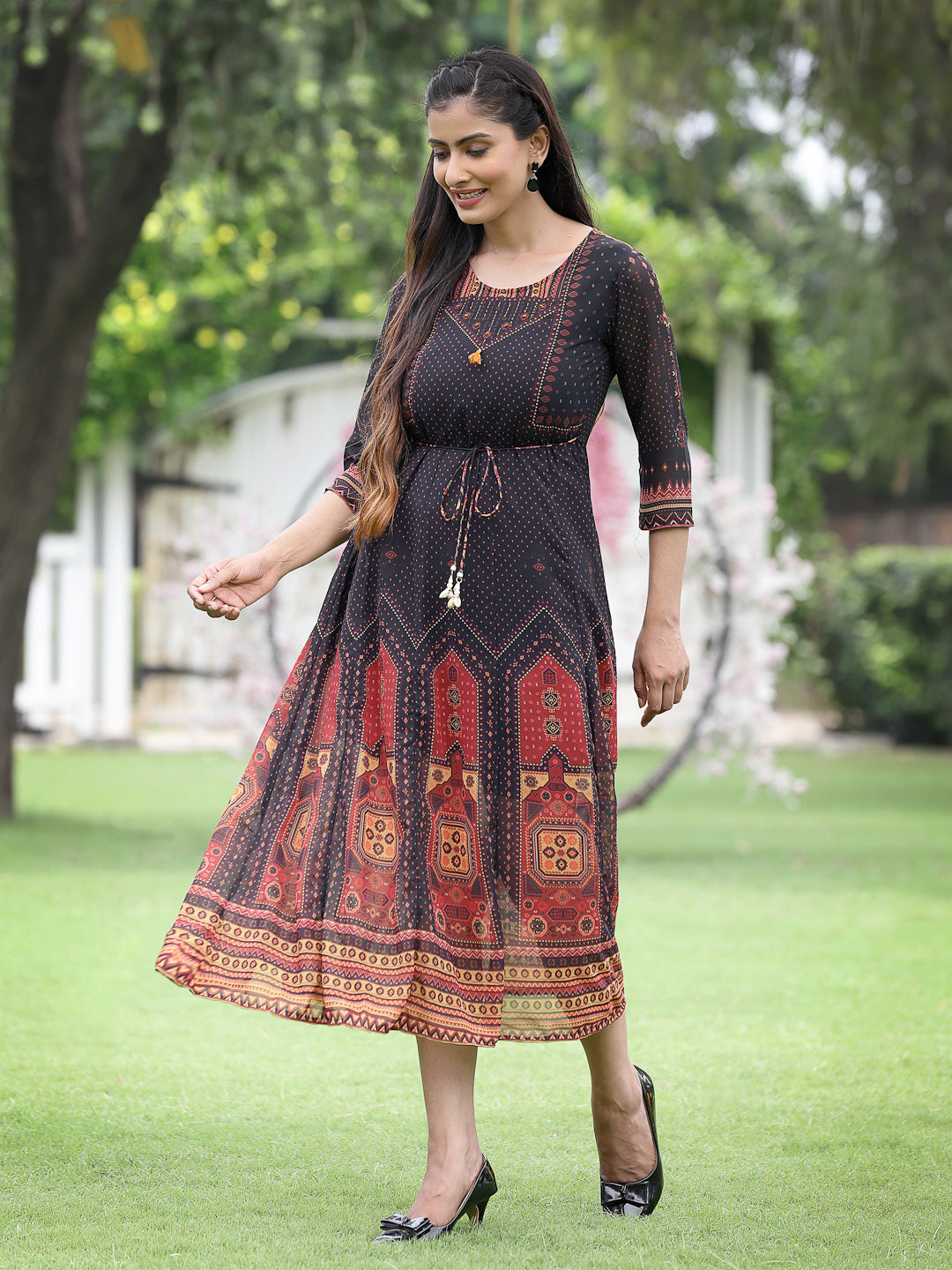 Black Georgette Festive Printed A-Line Dress