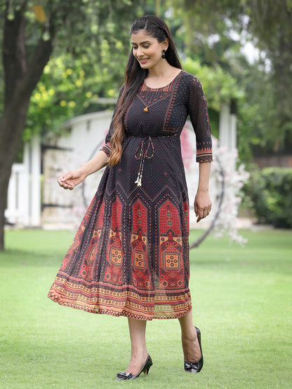 Black Georgette Festive Printed A-Line Dress