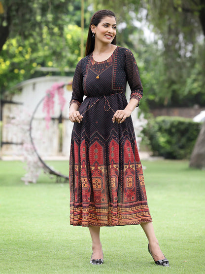 Black Georgette Festive Printed A-Line Dress